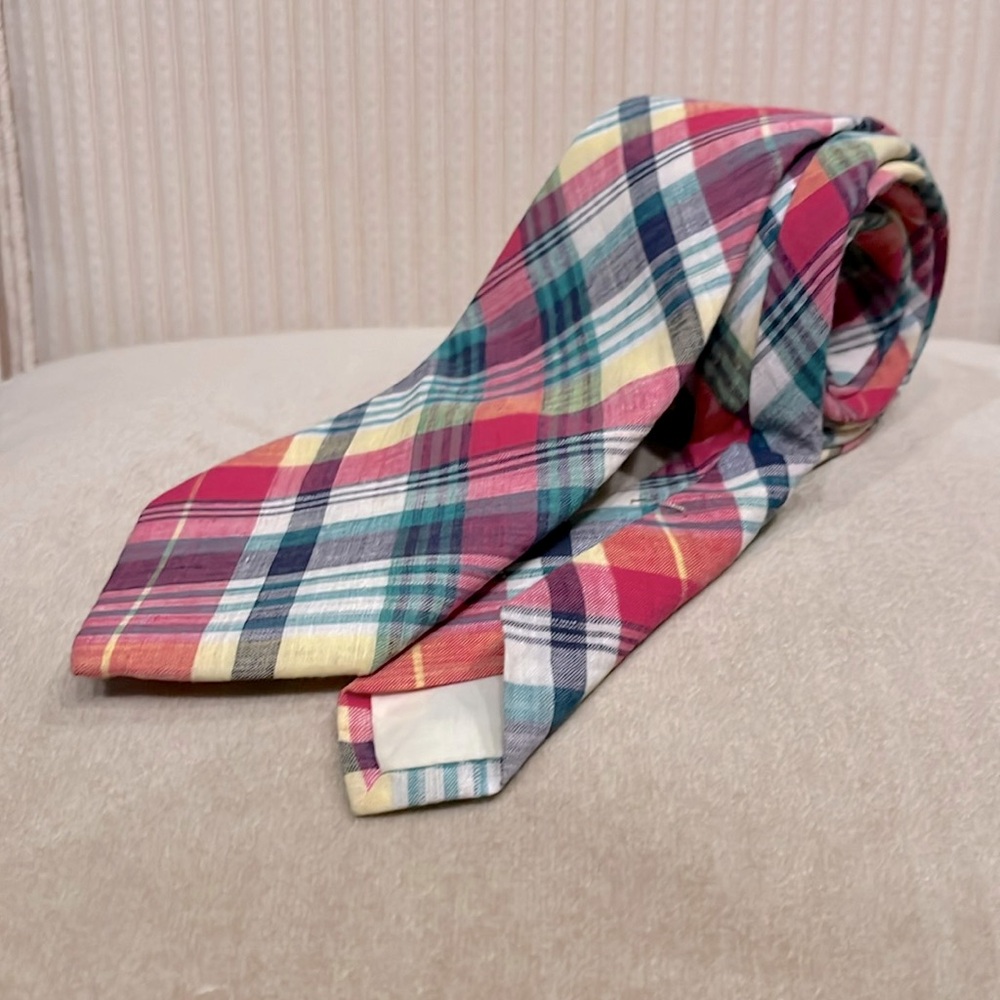 Men’s Cotton Necktie LANDS END red navy multi plaid extra long 3.5”W vintage EUC